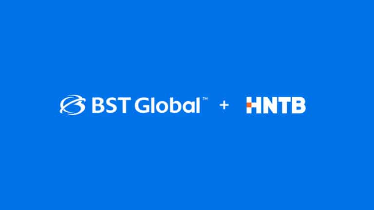 Logos of BST Global and HNTB on a blue background with a plus sign between them.