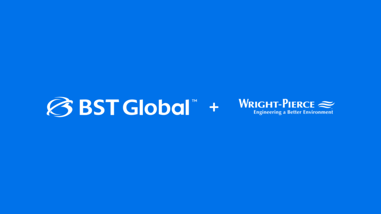 BST Global and Wright-Pierce logos on a blue background, with a plus sign between them.