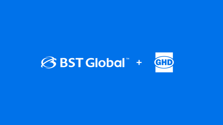 BST Global and GHD logos on a blue background, arranged side by side with a plus sign in between.