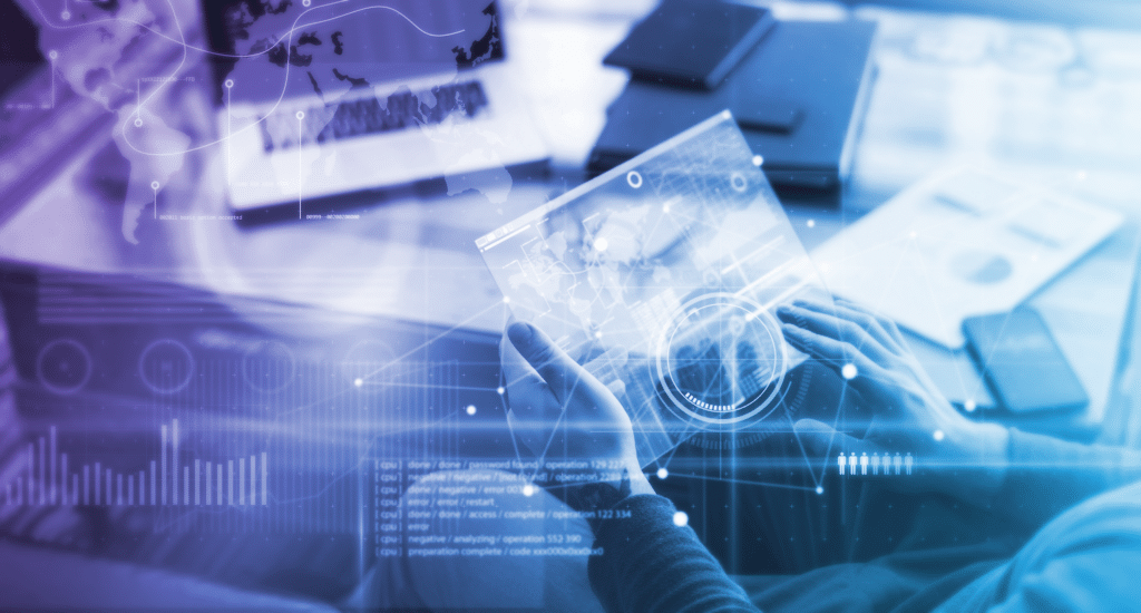 Person using a transparent tablet with digital data and world map overlay.