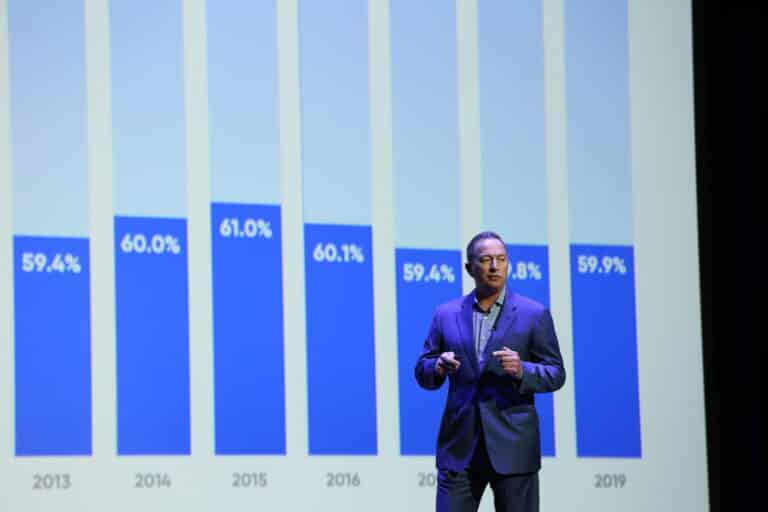 A man in a suit presents data on a screen showing yearly statistics from 2013 to 2019.