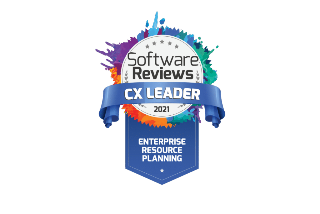Badge with "Software Reviews CX Leader 2021" text, featuring a colorful splash design and a blue ribbon that reads "Enterprise Resource Planning.