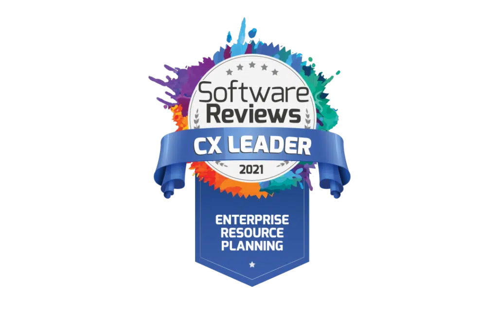 Badge with "Software Reviews CX Leader 2021" text, featuring a colorful splash design and a blue ribbon that reads "Enterprise Resource Planning.