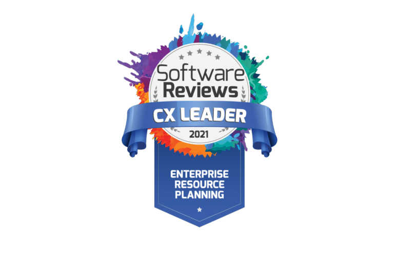 Badge with "Software Reviews CX Leader 2021" text, featuring a colorful splash design and a blue ribbon that reads "Enterprise Resource Planning.