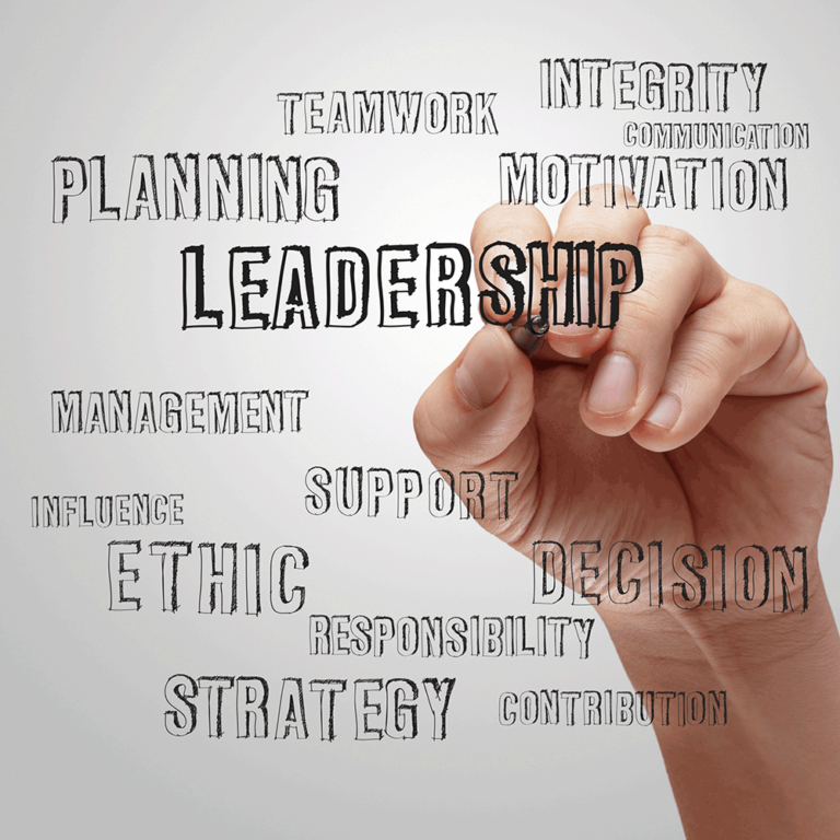 Hand writing "Leadership" surrounded by words like "Planning," "Strategy," "Teamwork," and "Motivation" on a whiteboard.