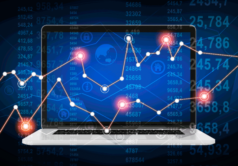 Laptop displaying a digital graph with glowing data points, overlaid with numbers on a blue background.