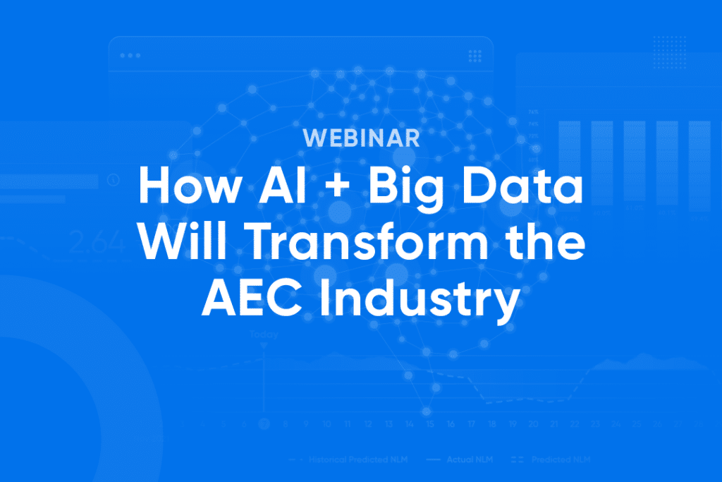Webinar advertisement on AI and Big Data's impact on the AEC industry. White text on a blue background with abstract graphics.