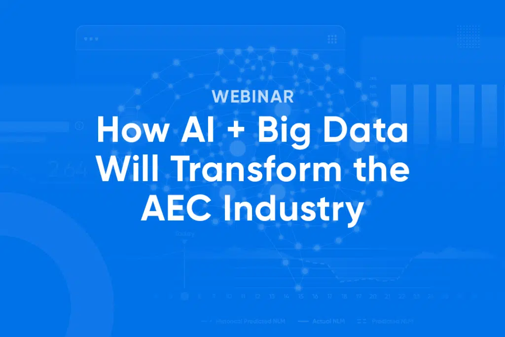 Webinar advertisement on AI and Big Data's impact on the AEC industry. White text on a blue background with abstract graphics.