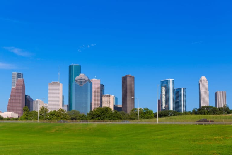 City skyline with modern skyscrapers under a clear blue sky, bordered by a grassy field in the foreground.