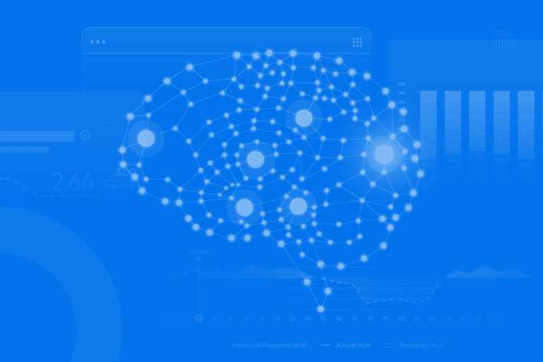 Illustration of a digital brain with interconnected nodes, overlaid on graphs and data charts.