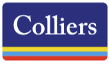 Colliers logo with white text on a blue background, featuring horizontal yellow, light blue, and red stripes at the bottom.