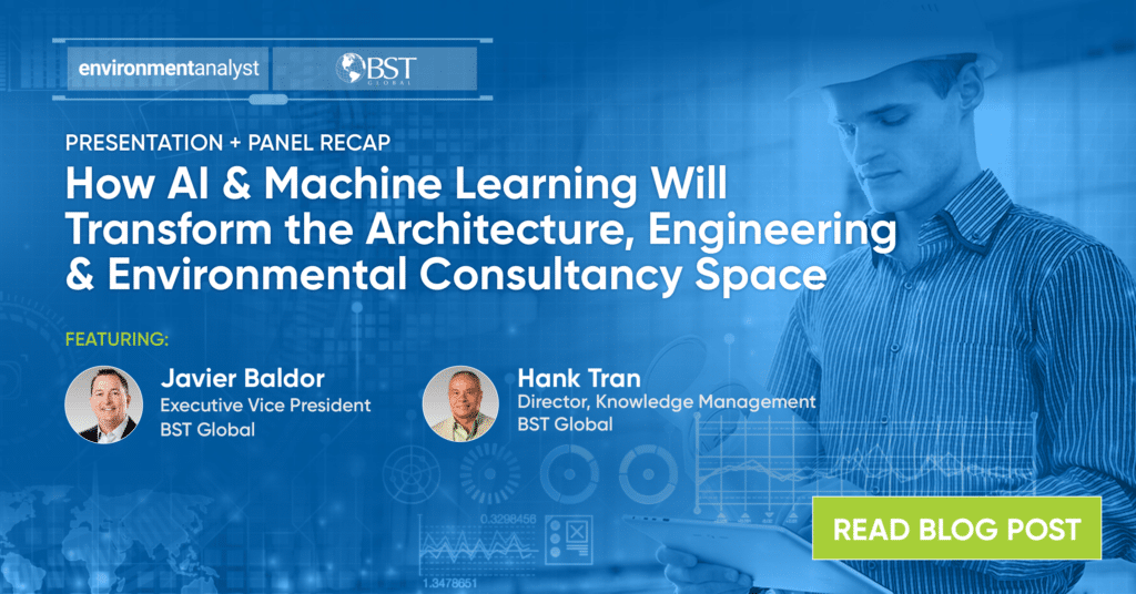 Presentation banner on AI and machine learning transforming the architecture, engineering, and environmental consultancy space, featuring two speakers and a "Read Blog Post" button.