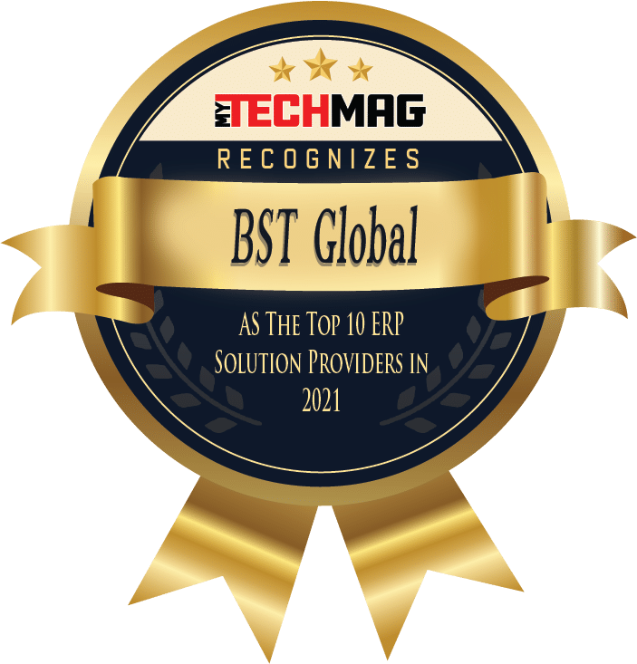 A badge labeled "MyTechMag recognizes BST Global as the Top 10 ERP Solution Providers in 2021.