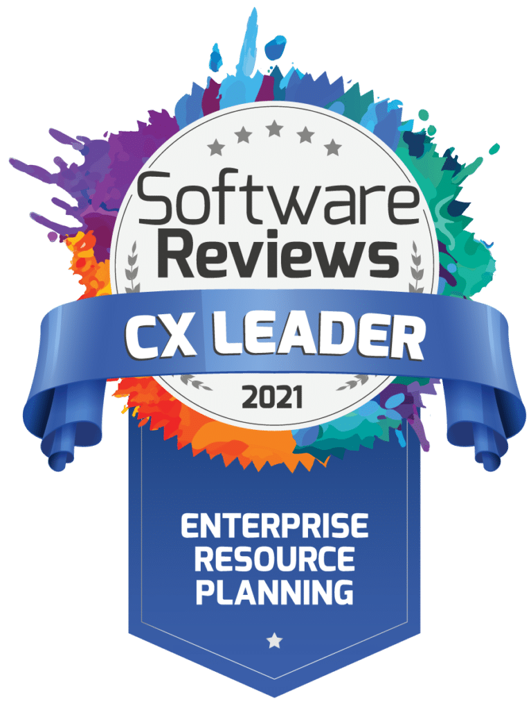 Badge displaying "Software Reviews CX Leader 2021, Enterprise Resource Planning" with colorful splash background and blue ribbon.