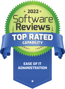 Green and blue badge displaying "2022 Software Reviews Top Rated Capability" with "Ease of IT Administration" written on it.