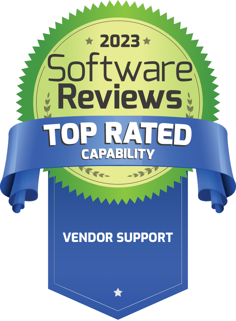 Badge for "2023 Software Reviews" showcasing "Top Rated Capability" in "Vendor Support" with a blue ribbon and green background.