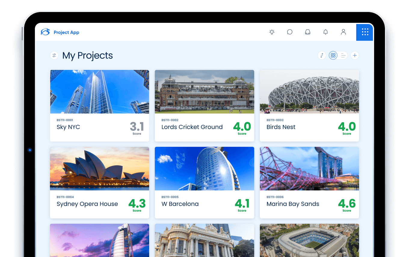 A tablet displaying a project app with images and scores for locations such as Sky NYC, Lords Cricket Ground, Birds Nest, Sydney Opera House, W Barcelona, and Marina Bay Sands.