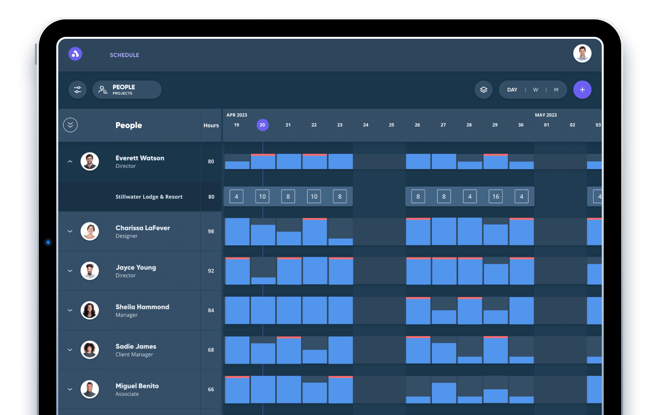 Discover-Offerings_RM-landscape Tablet displaying a scheduling app with a calendar grid, showing people’s names alongside their work hours and shifts highlighted in blue and red blocks for April and May 2023.