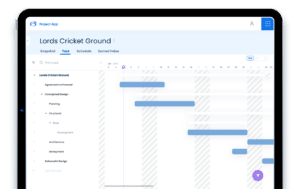 Tablet displaying a project management app with a Gantt chart titled "Lords Cricket Ground," showing various tasks and a timeline.