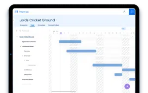 Tablet displaying a project management app with a Gantt chart titled "Lords Cricket Ground," showing various tasks and a timeline.