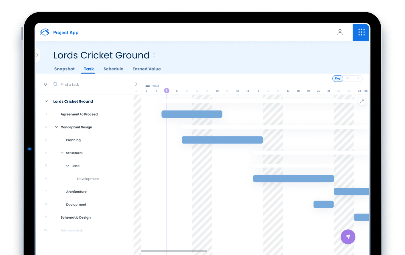 Discover-Offerings_WM-landscape Tablet displaying a project management app with a Gantt chart titled "Lords Cricket Ground," showing various tasks and a timeline.