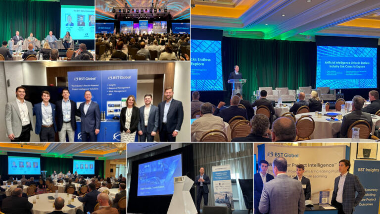 A conference with multiple panels and presentations. Attendees are seated at tables. Various speakers are presenting on stage. Displays and banners are also visible.