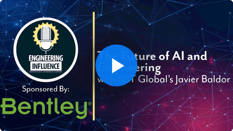 Podcast cover image titled "The Future of AI and Engineering" with BST Global's Javier Baldor, sponsored by Bentley, featuring a microphone logo.