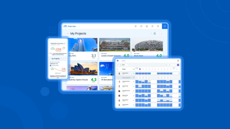 Digital interface displaying project management software with analytics, project ratings, and a team schedule on a blue background.