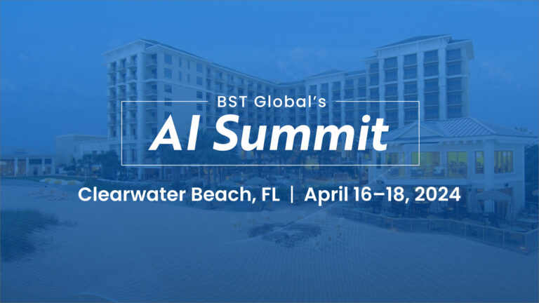 Promotional image for BST Global's AI Summit at Clearwater Beach, FL, taking place April 16-18, 2024, with a backdrop of a beachside building.