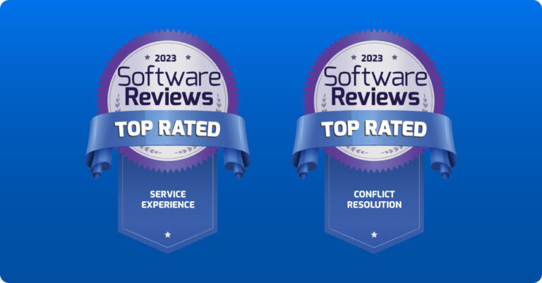 Two 2023 Software Reviews badges on a blue background: one for Top Rated Service Experience, the other for Top Rated Conflict Resolution.