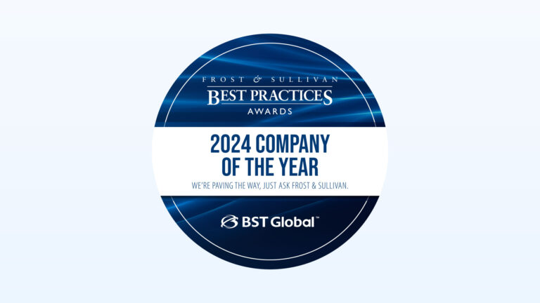 Circular award badge with "Frost & Sullivan Best Practices Awards" at the top, "2024 Company of the Year" in the center, and "BST Global" at the bottom.