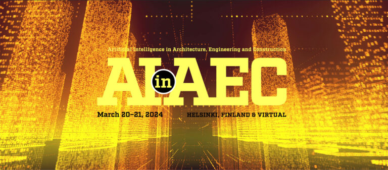 AI in AEC conference poster with illuminated cityscape. Event in Helsinki and virtual, March 20-21, 2024.