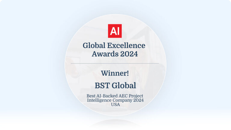 Award badge for AI Global Excellence Awards 2024, won by BST Global for Best AI-Backed AEC Project Intelligence Company in the USA.