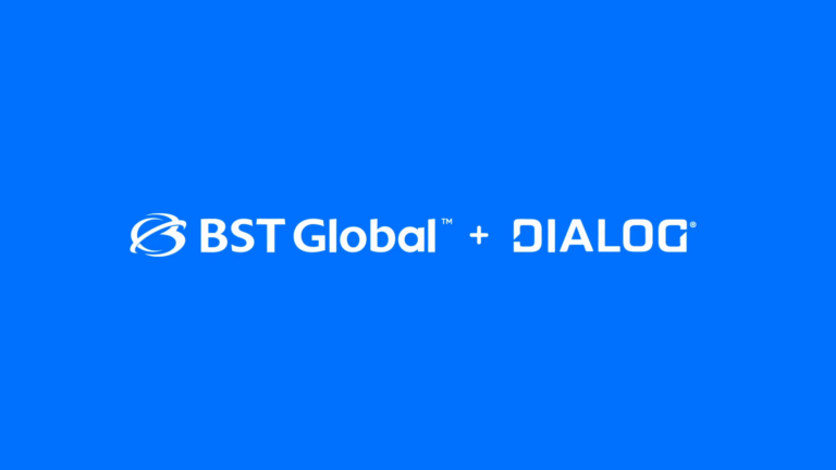 Blue background with white text: "BST Global + DIALOG" and their respective logos.