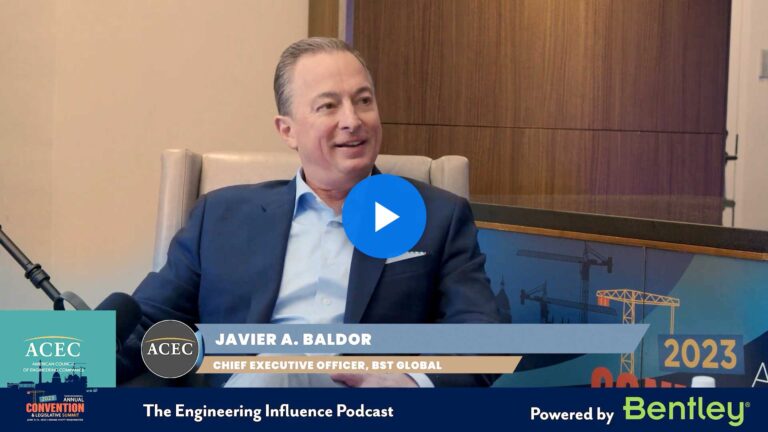 Man in a suit speaking on "The Engineering Influence Podcast" with ACEC and Bentley logos visible.