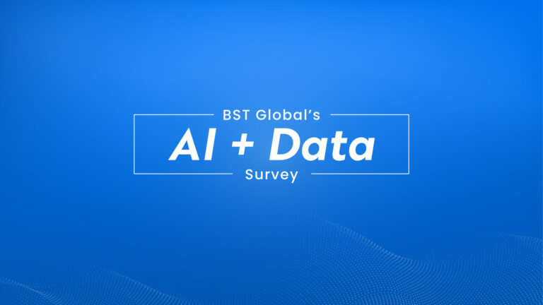 Blue background with white text reading "BST Global's AI + Data Survey.