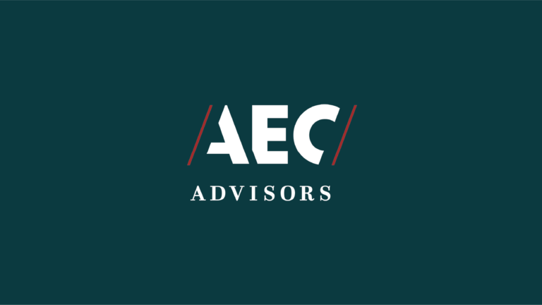 Logo displaying "AEC Advisors" in bold white text with red slashes on a dark teal background.
