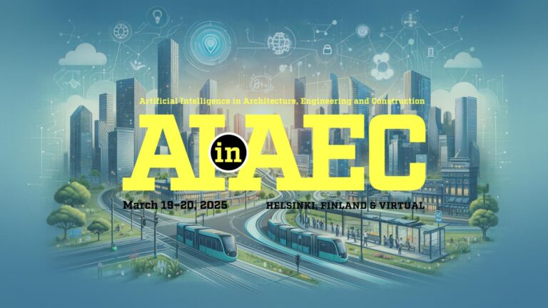 Illustration of a cityscape with trams and digital icons, promoting the AI in AEC conference, March 19-20, 2025, in Helsinki and virtual.