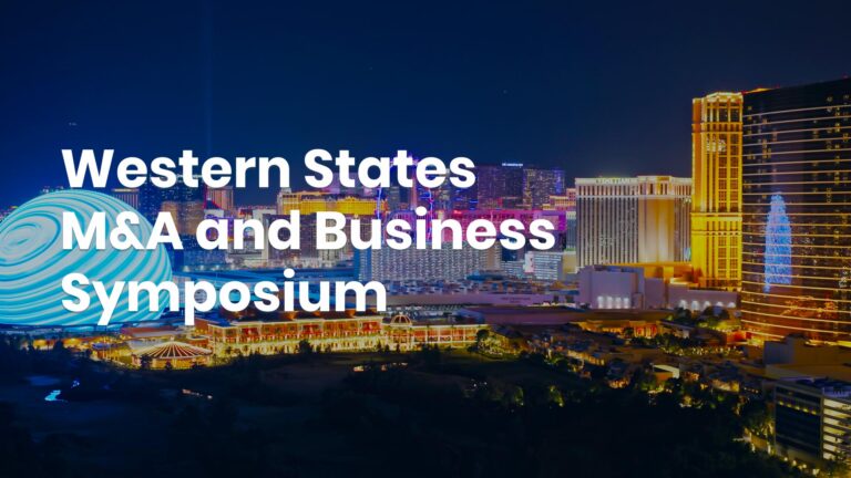 Night skyline of a city with illuminated buildings. Text overlay reads, "Western States M&A and Business Symposium.