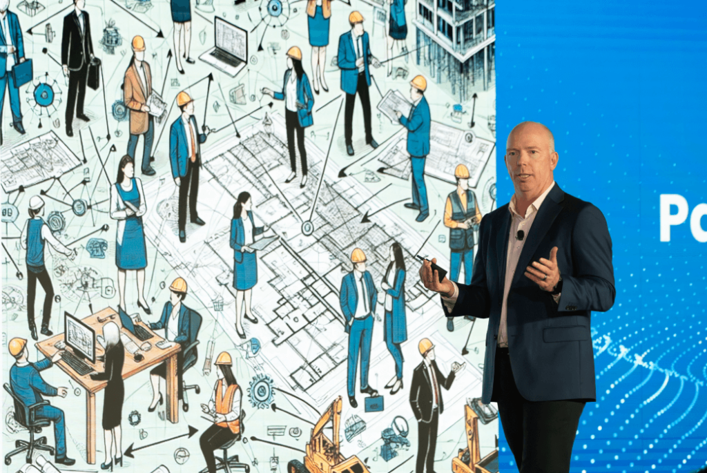 Paul Murphy in a suit speaks on stage in front of a large screen displaying illustrated engineers and construction workers at work.