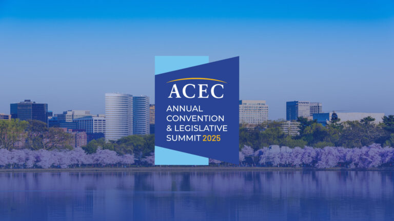 Logo for the ACEC Annual Convention & Legislative Summit 2025 over a Washington D.C. skyline and water with trees.