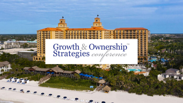 A beachfront resort with a large yellow building and palm trees, overlaid with the text "Growth & Ownership Strategies Conference.