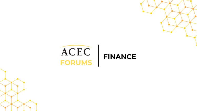 Centered text reads "ACEC Forums | Finance" with yellow geometric patterns in the top right and bottom left corners on a white background.