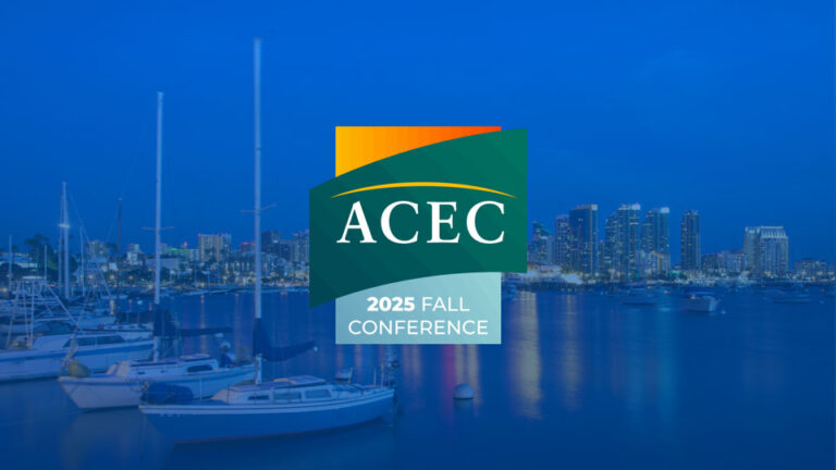 Logo for the ACEC 2025 Fall Conference overlaid on a city skyline and marina with sailboats at dusk.