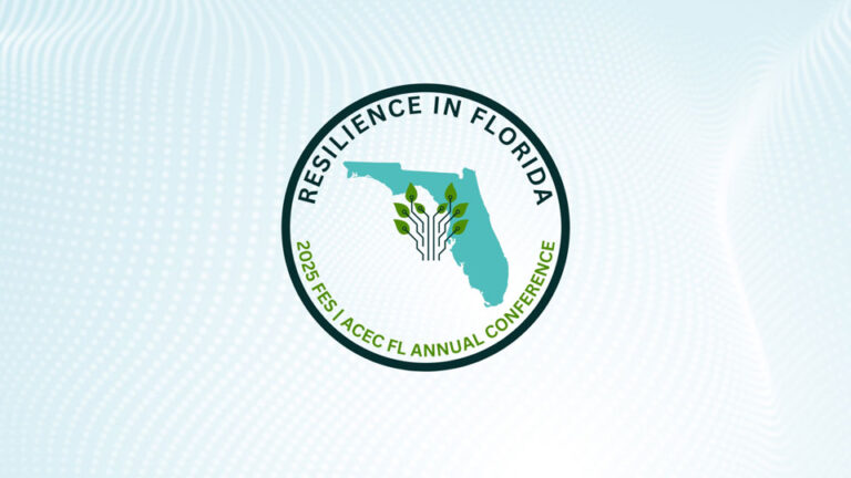 Circular logo for the 2025 FES | ACEC FL Annual Conference featuring a map of Florida with plant stems and leaves, and the text “Resilience in Florida.”.