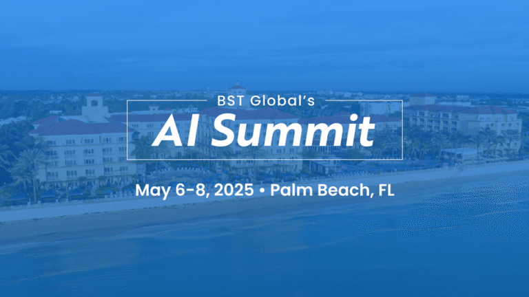 Graphic for BST Global's AI Summit, May 6-8, 2025 in Palm Beach, Florida, with a background view of a beachside resort.