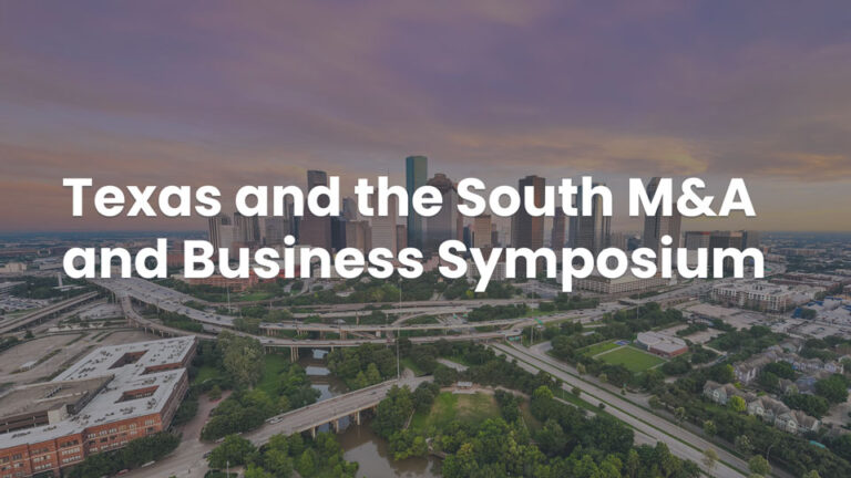 A city skyline at sunset with the text "Texas and the South M&A and Business Symposium" overlaid in bold white letters.