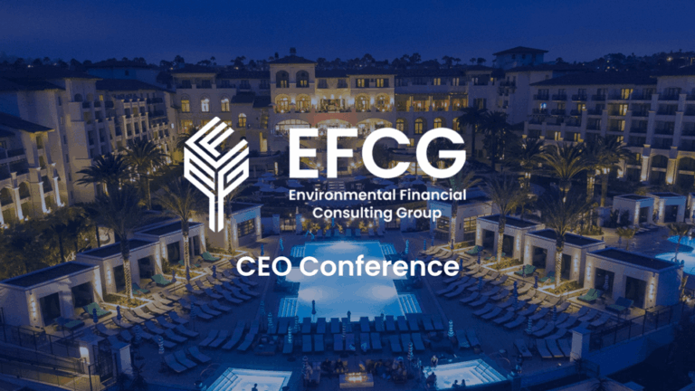 Aerial view of a luxury resort at night with the EFCG logo and text: "Environmental Financial Consulting Group CEO Conference" overlaid in the center.