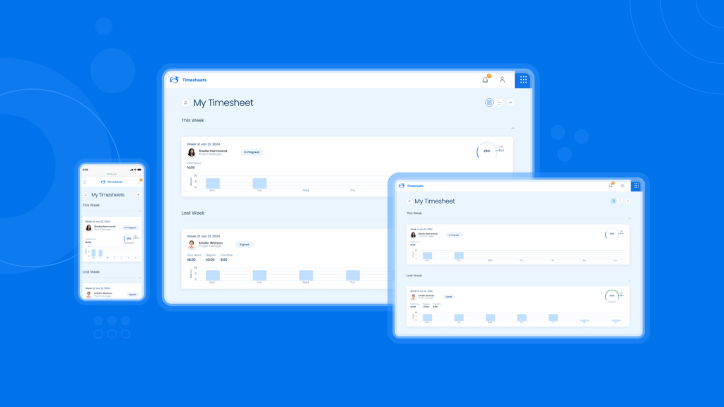BST Global's timesheet application interface displayed on a smartphone, tablet, and laptop screen, all showing the same "My Timesheet" page against a blue background.