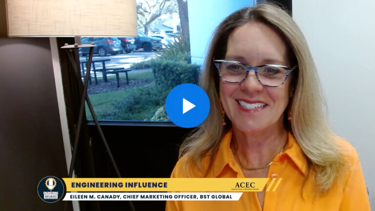 A woman in glasses and an orange shirt smiles during a video call; text at bottom identifies her as Eileen M. Canady, Chief Marketing Officer, BST Global, on "Engineering Influence.